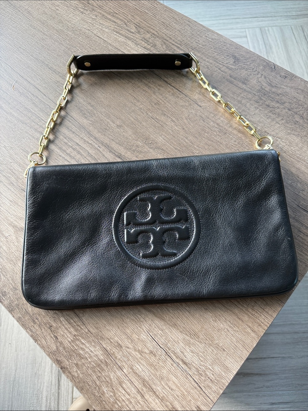 Tory Burch inspired Black Leather Logo Chain Wristlet